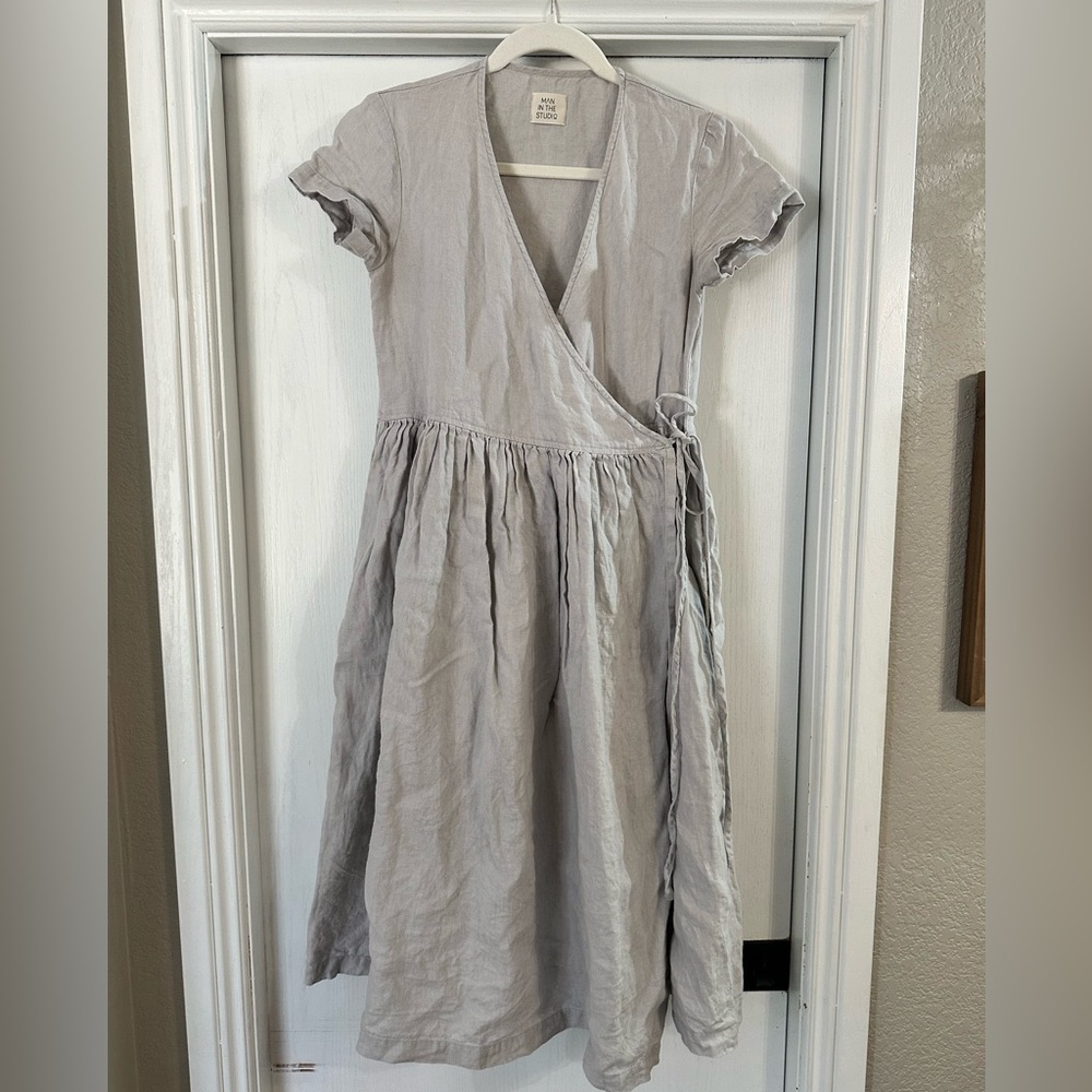 Light Gray Wrap Linen Midi Dress